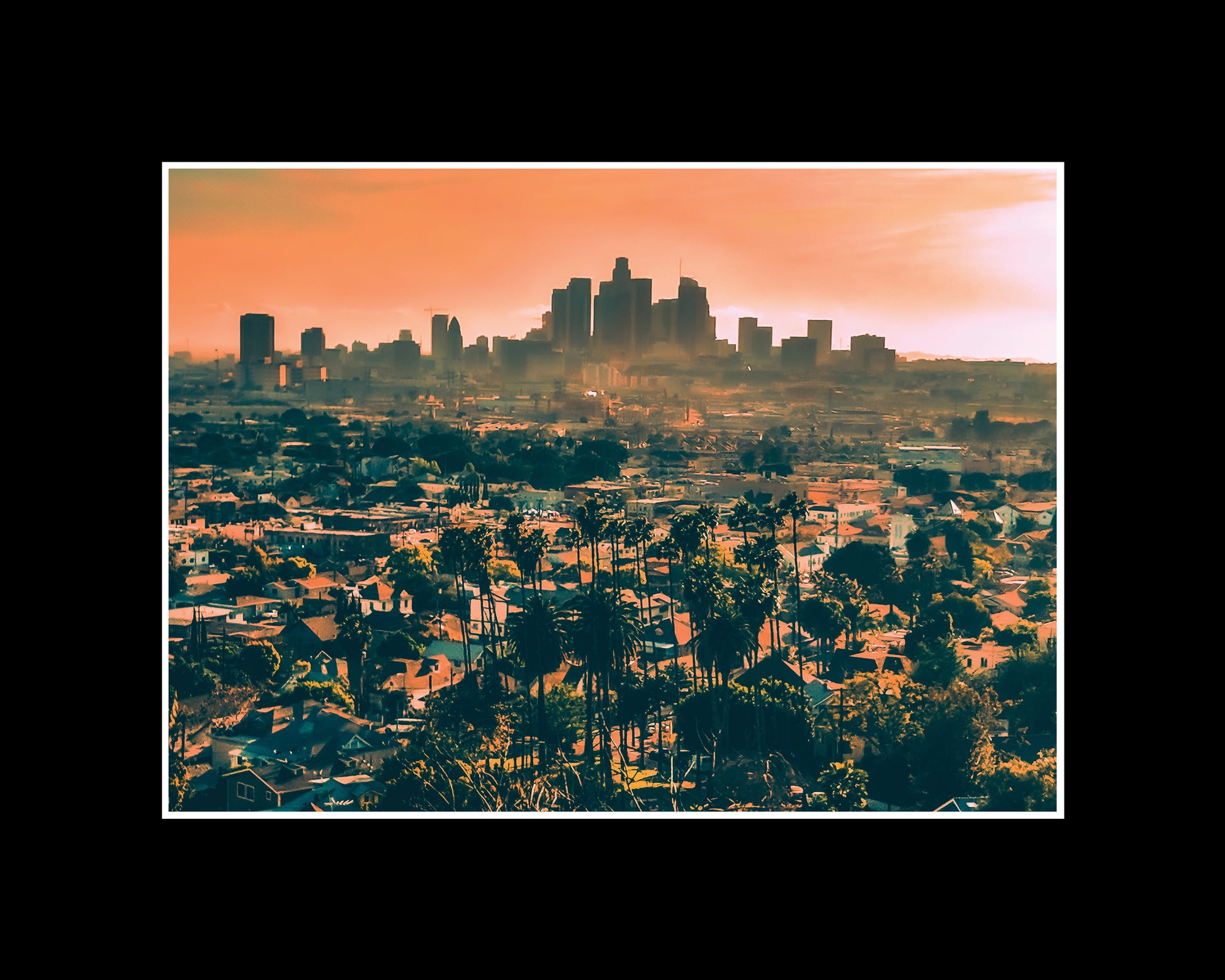 Photo print of hazy Downtown Los Angeles skyline, capturing a soft, atmospheric city view from above