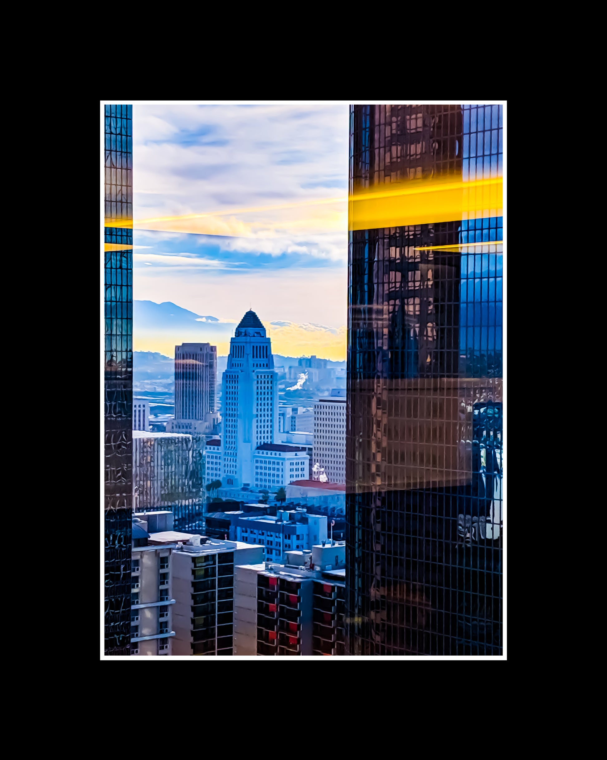 Framed photo of highrise buildings in Downtown Los Angeles, showcasing urban architecture and structural detail