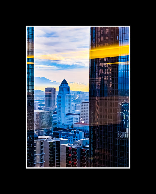 Framed photo of highrise buildings in Downtown Los Angeles, showcasing urban architecture and structural detail