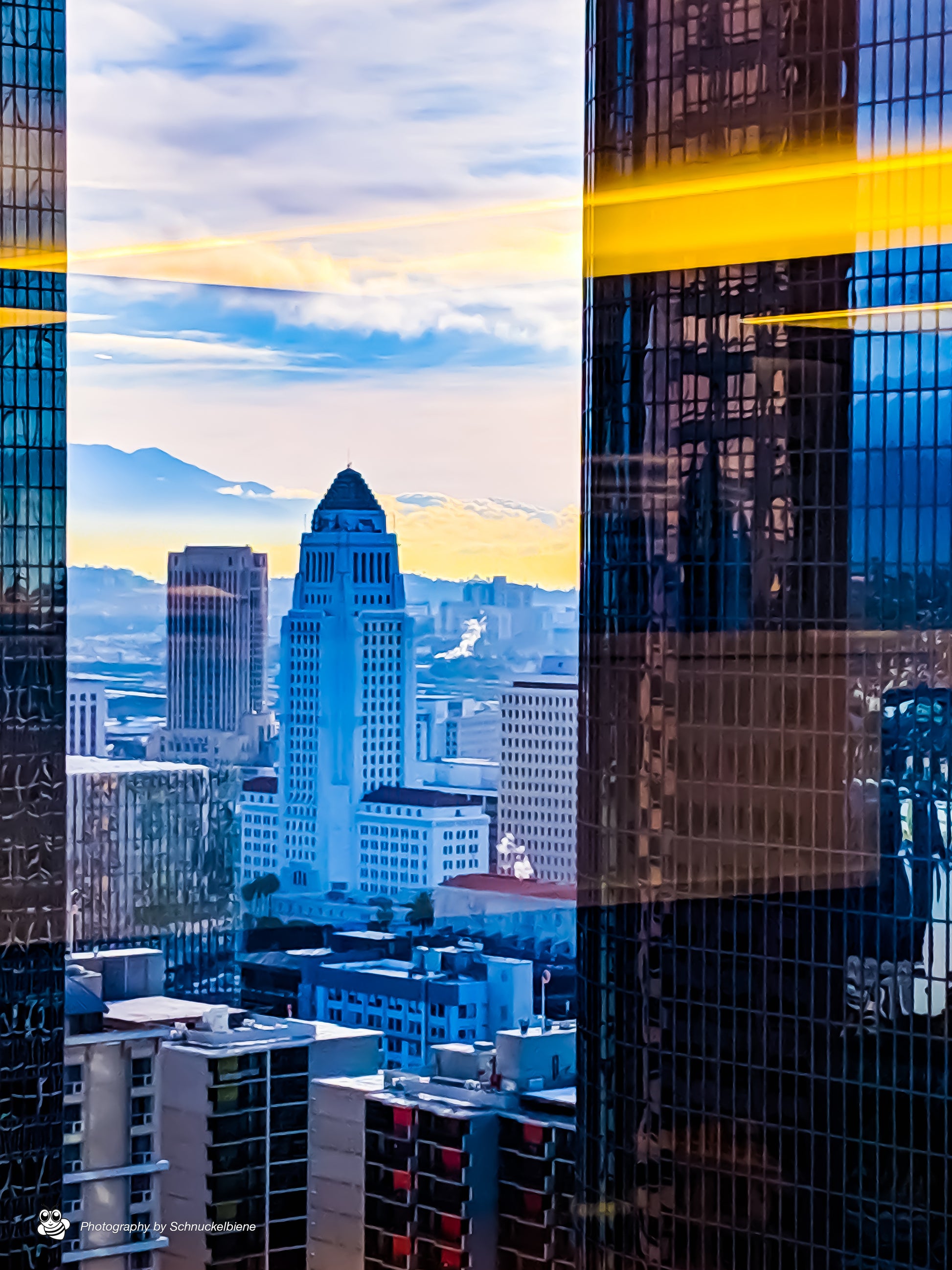Framed photo of highrise buildings in Downtown Los Angeles, showcasing urban architecture and structural detail