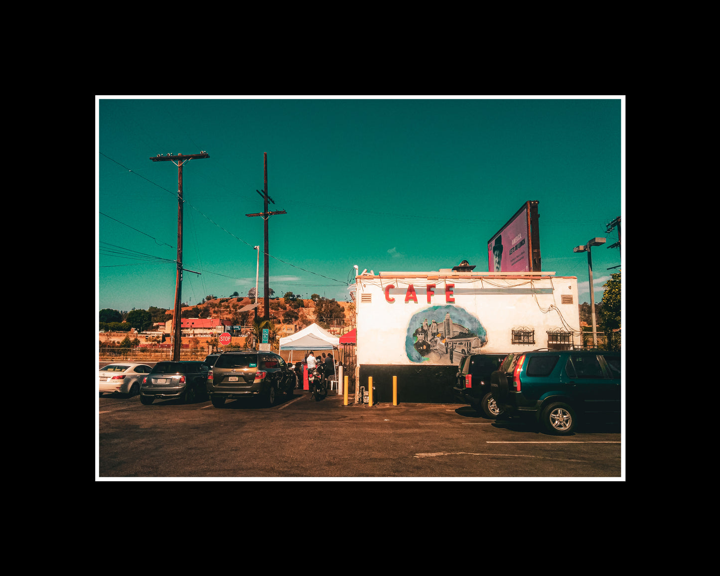 Nick’s Cafe near DTLA with warm California sunset light casting over the vintage diner