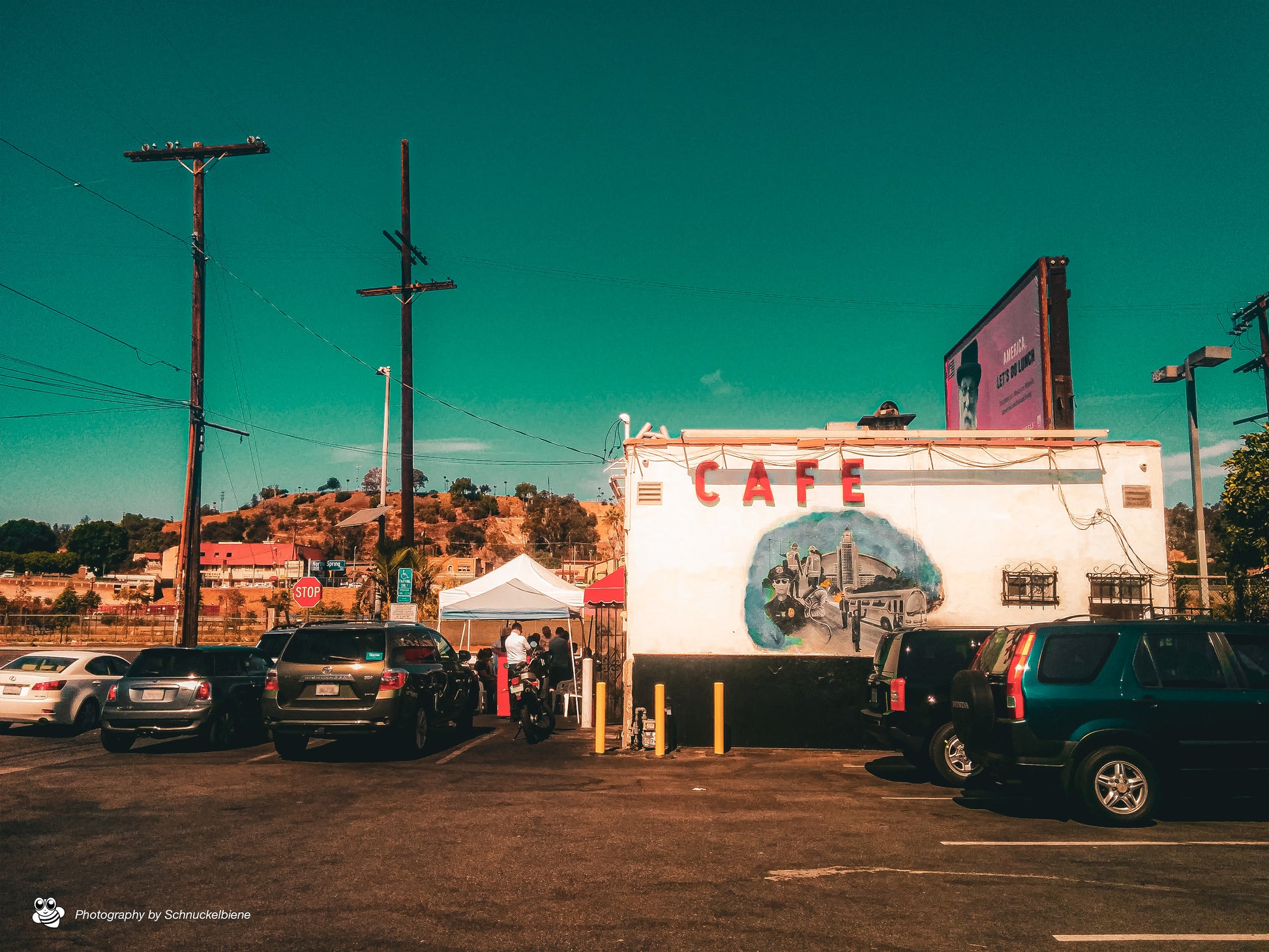 Nick’s Cafe near DTLA with warm California sunset light casting over the vintage diner