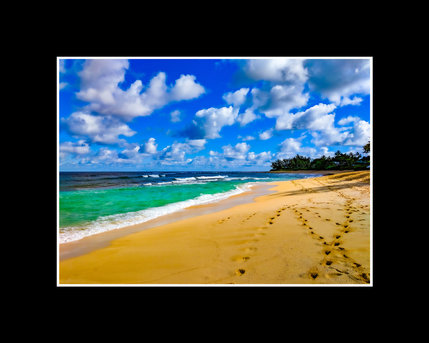 Framed fine art print of Waimea Beach, Oahu, showcasing crystal-clear turquoise water and golden sand, a true Hawaiian paradise
