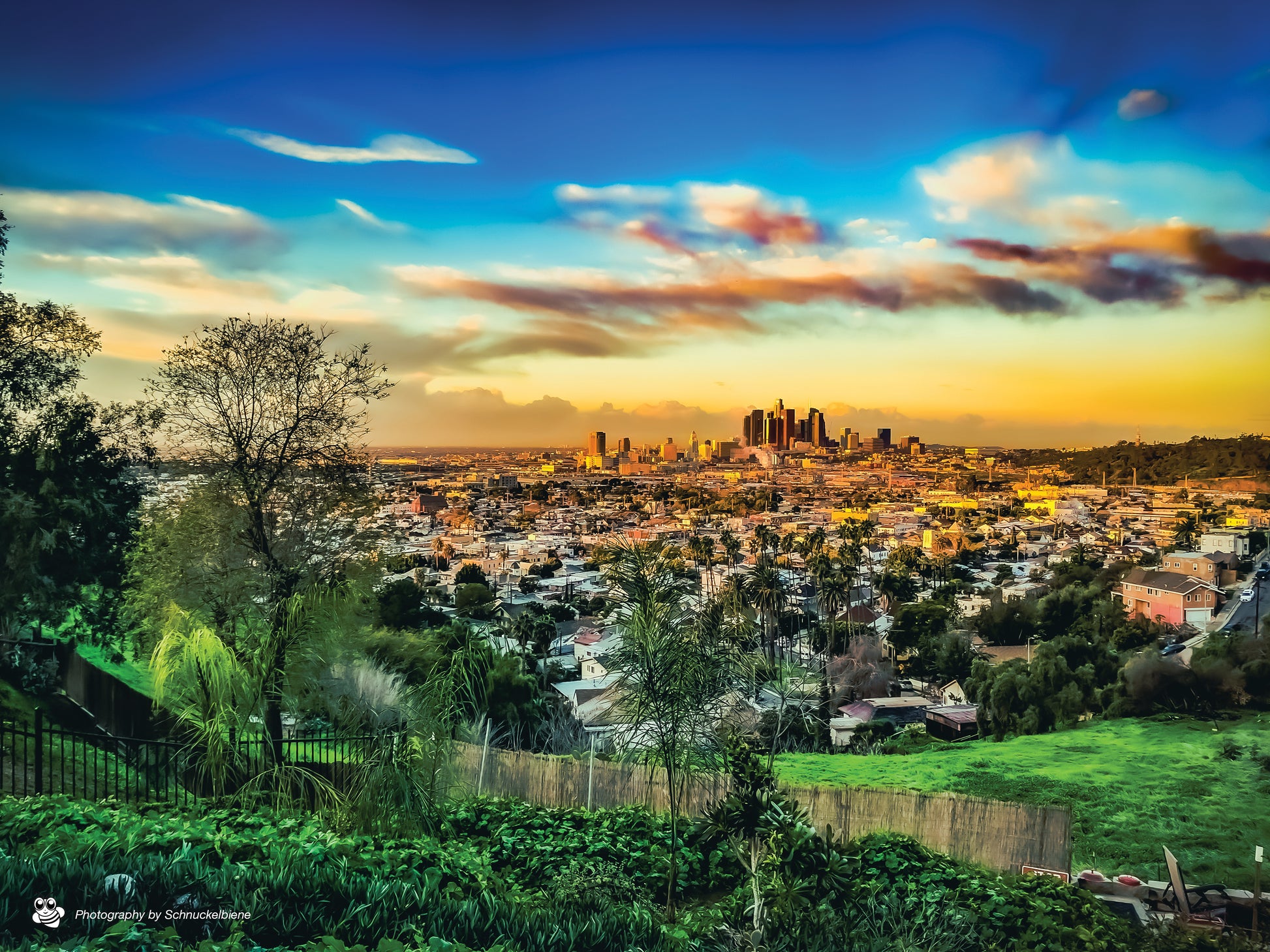 Framed photography print of the sunrise over the skyline from downtown Los Angeles