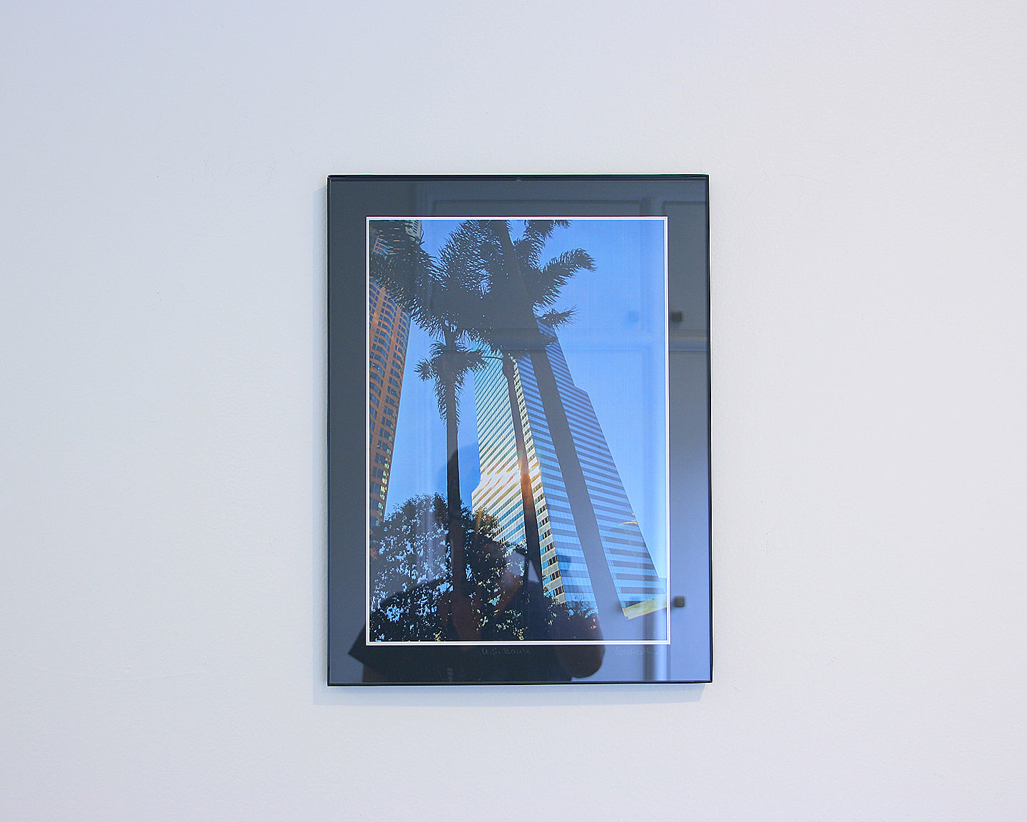 Framed photo print of the US Bank Tower in downtown Los Angeles at sunrise, with a golden glow and reflection of pastel skies