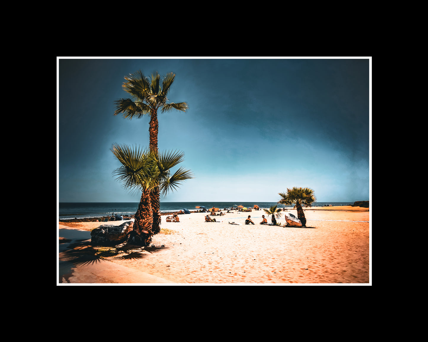 Framed fine art print of a tranquil Zuma Beach scene in Malibu, with palm trees and a peaceful, open shoreline